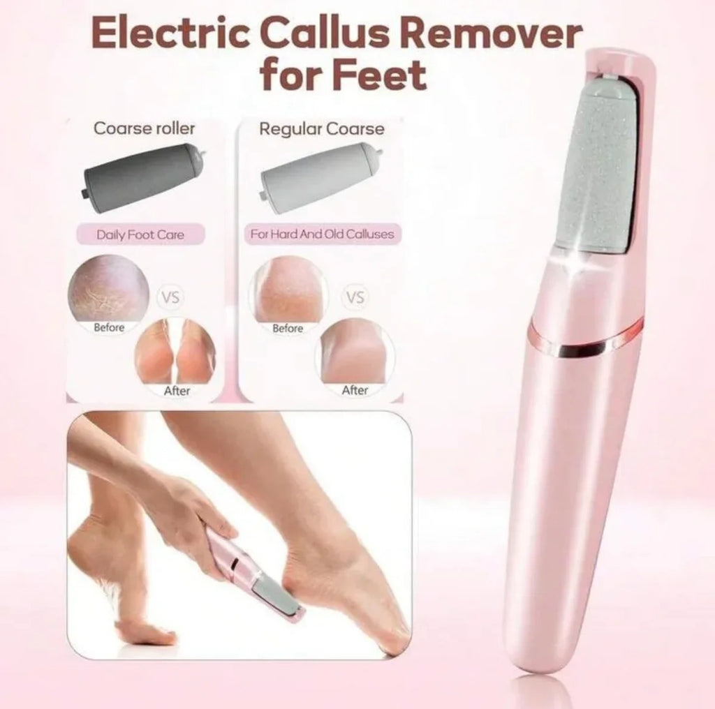 Electric callus remover for feet with before and after images on a pink background