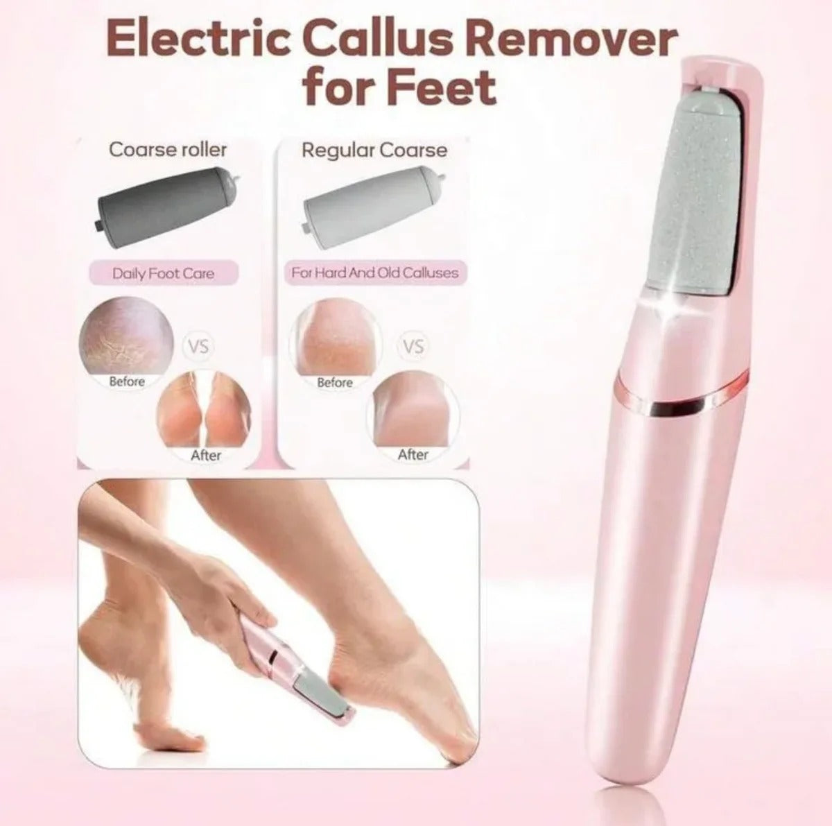Electric callus remover for feet with before and after images on a pink background