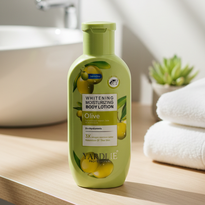 Green bottle of Whitening Moisturizing Body Lotion on a bathroom counter with towels and a plant in the background.