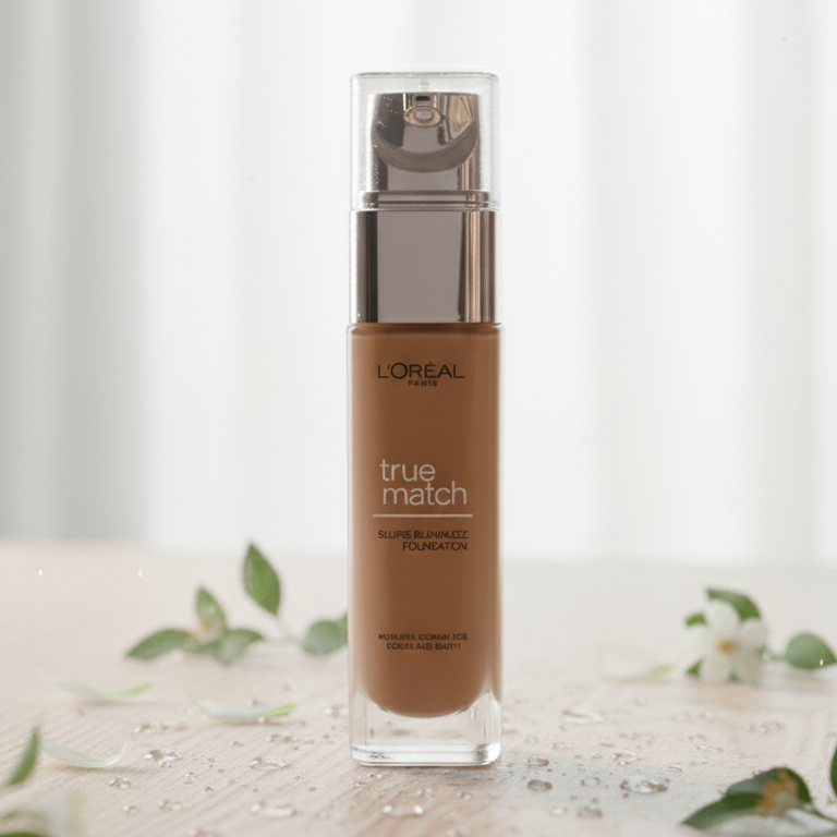 L'Oreal True Match foundation bottle on a neutral background with greenery