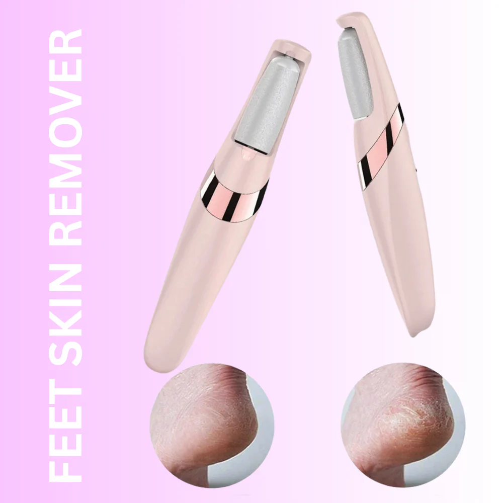 Foot skin remover with before and after effects on a pink background