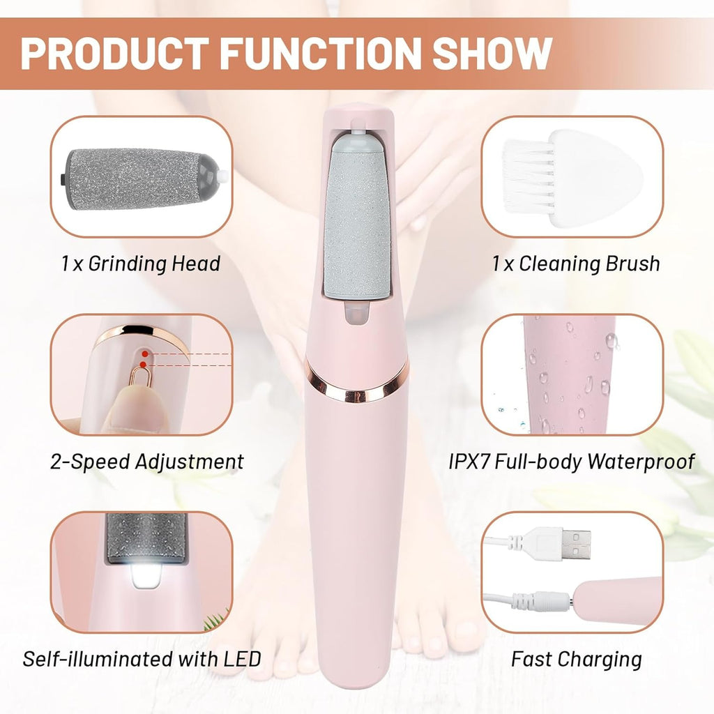 Product function display with a pink nail care tool and features listed.
