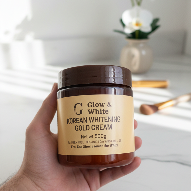 Hand holding a jar of 'Glow & White Korean Whitening Gold Cream' with a blurred background.