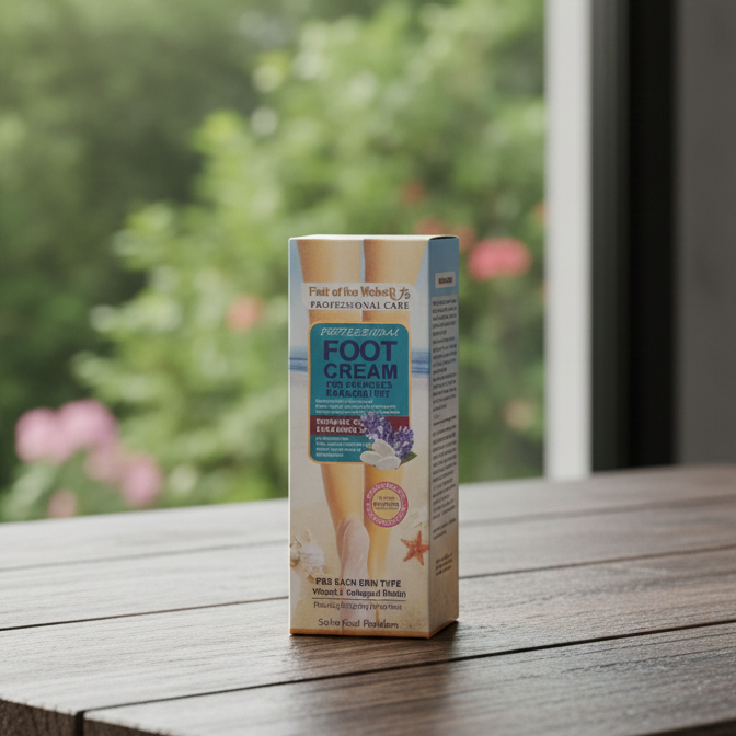 Box of foot cream on a wooden surface with a blurred green outdoor background