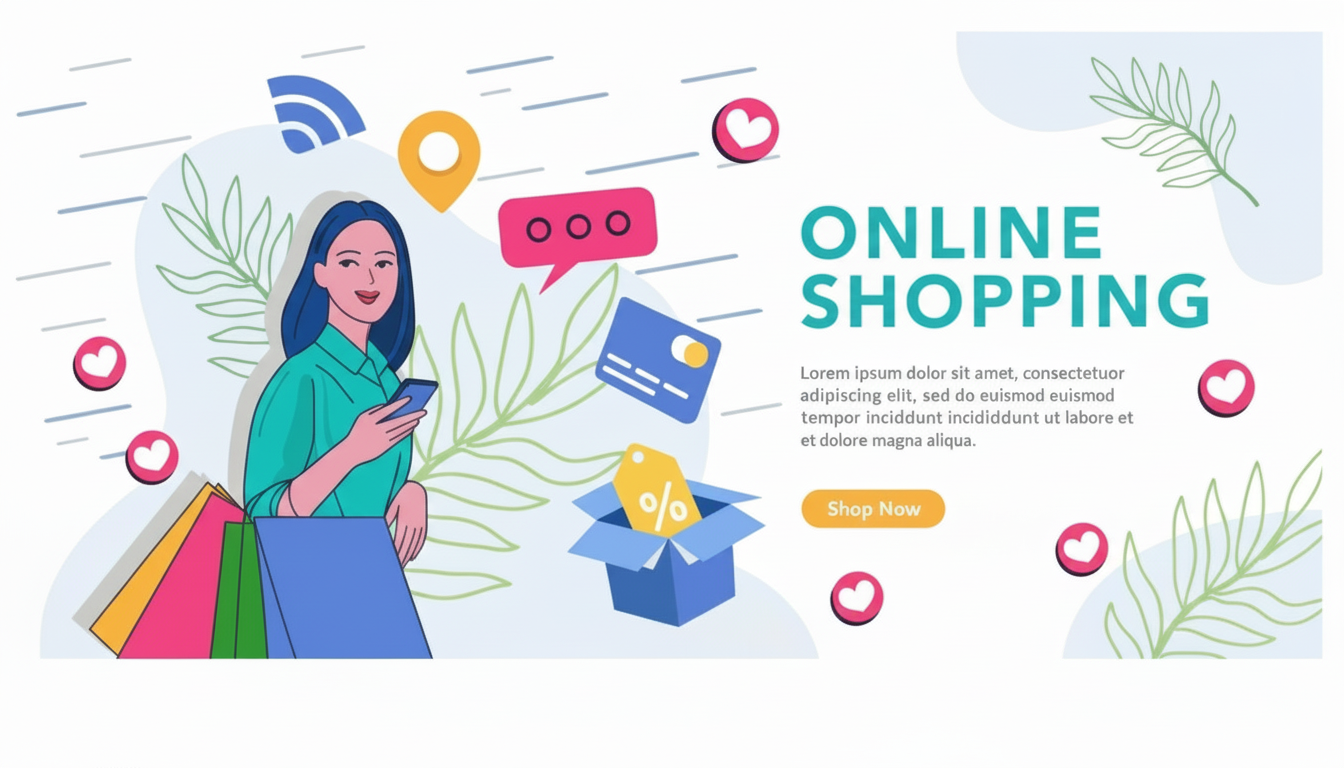 Online shopping illustration with a woman holding a phone, colorful icons, and text.