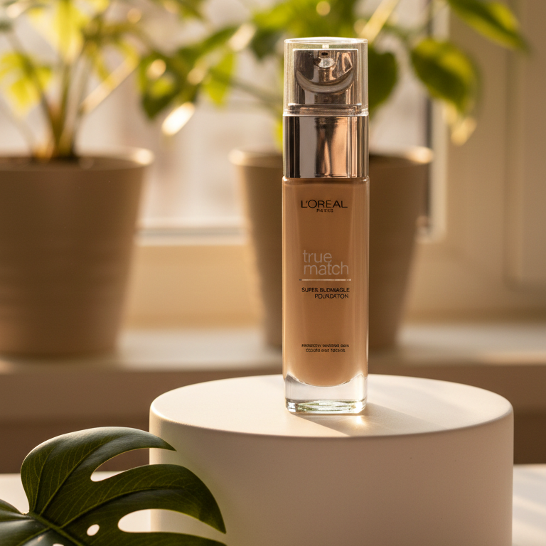 L'Oreal True Match foundation bottle on a white pedestal with plants in the background