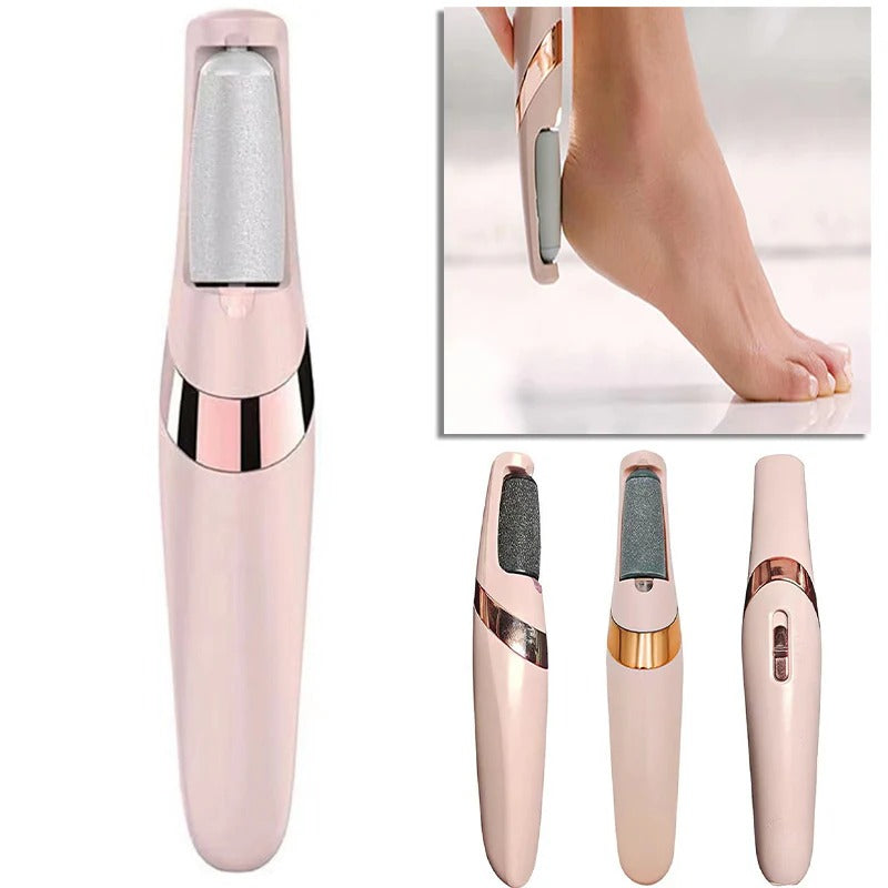 Pink and rose gold foot file with close-up inset showing use on a foot.