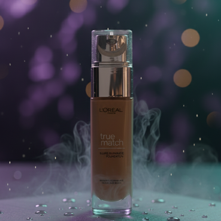 L'Oreal true match foundation bottle on a reflective surface with a blurred colorful background