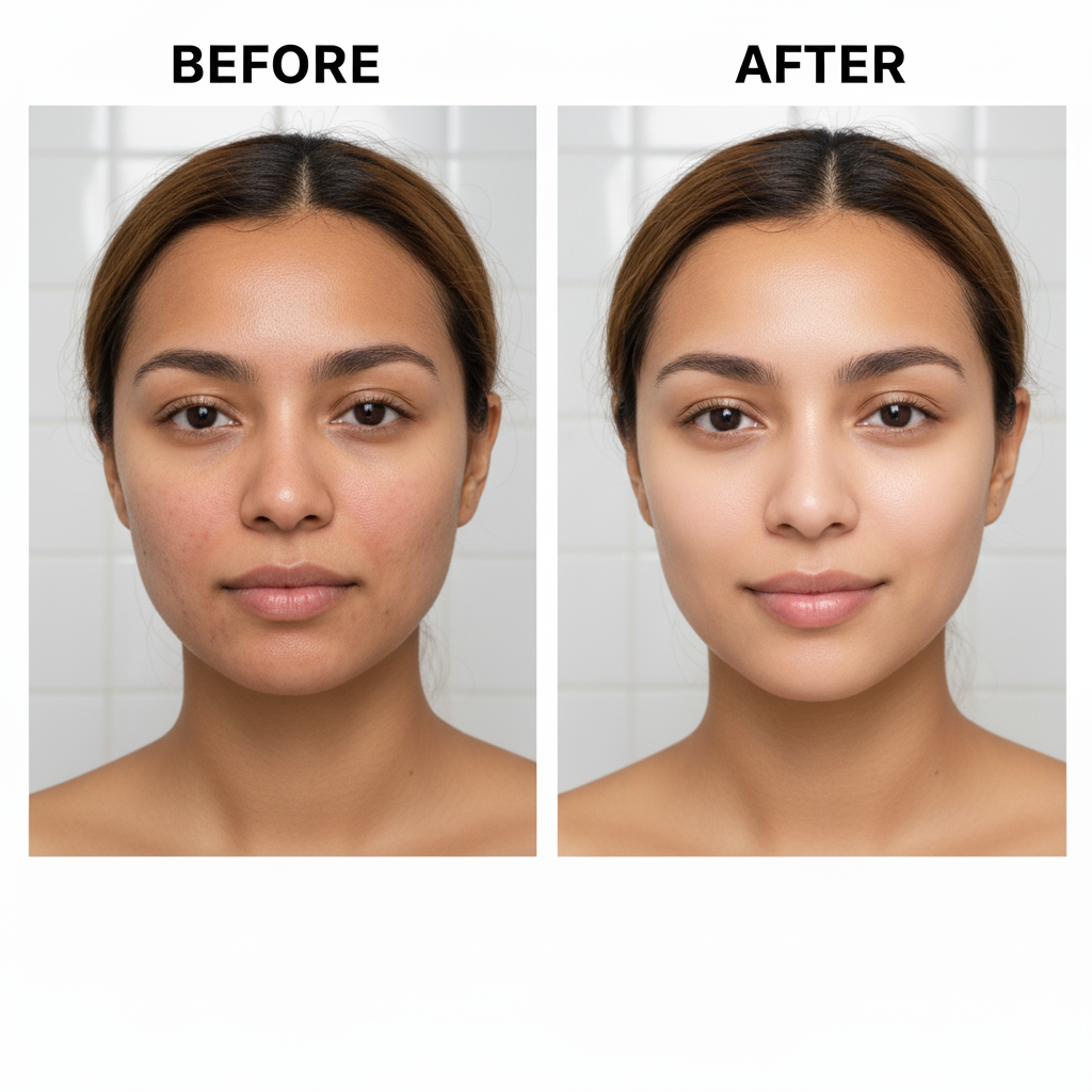 Before and after comparison of a woman's face with a neutral background