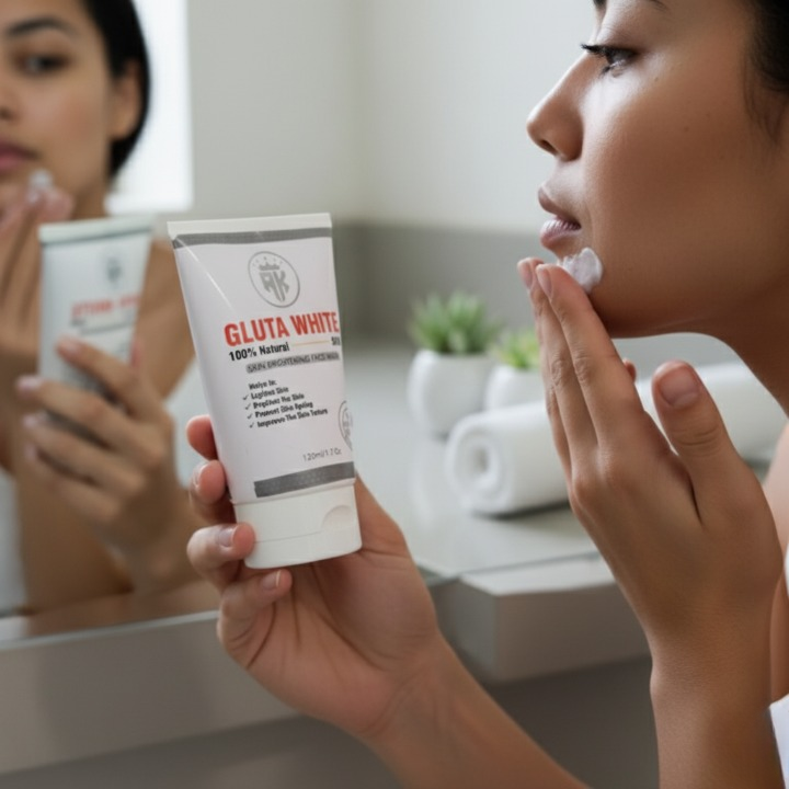 Woman applying GLUTA WHITE cream to her face in a bathroom setting