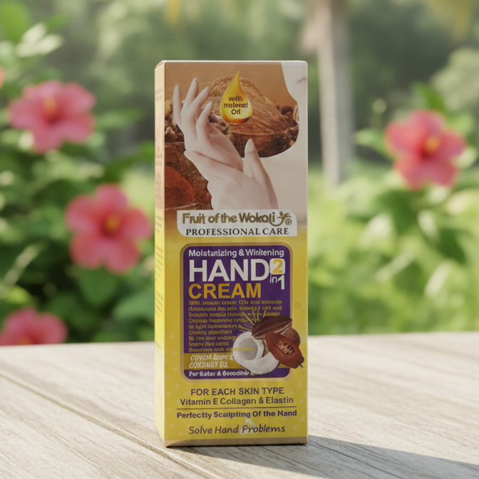 Box of Fruit of the Wokali hand cream on a wooden surface with a blurred floral background